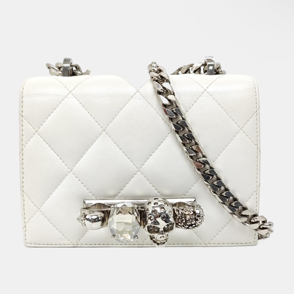 Alexander McQueen White Quilted Crossbody Bag with Crystal Skull Accent